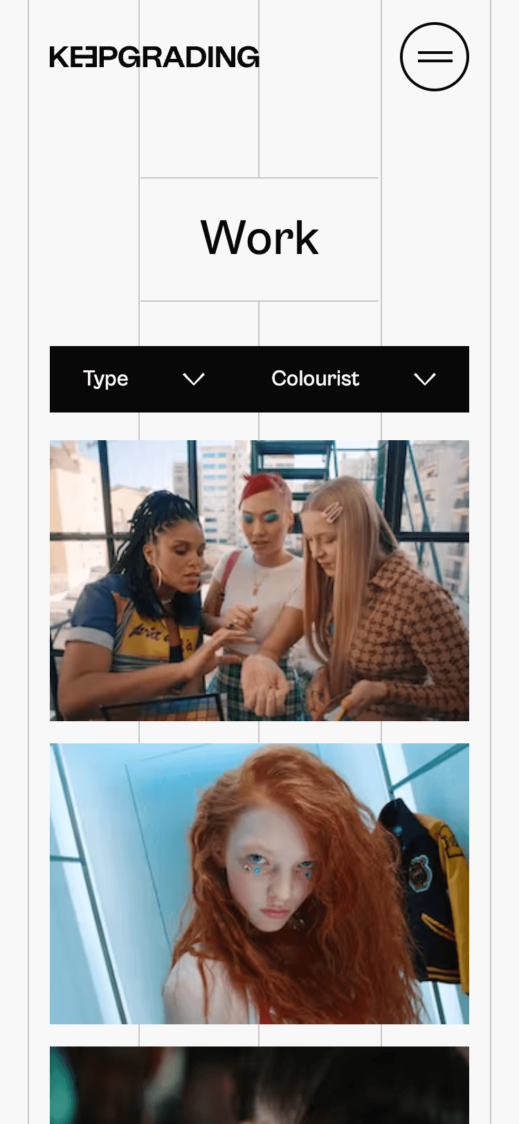 Mobile screenshot of the 'Work' page on the KeepGrading website. At the top of the screen is the KeepGrading logo, a menu button, and the 'Work' page heading. There are two dropdowns labelled 'Type' and 'Colourist', followed by a grid of images.