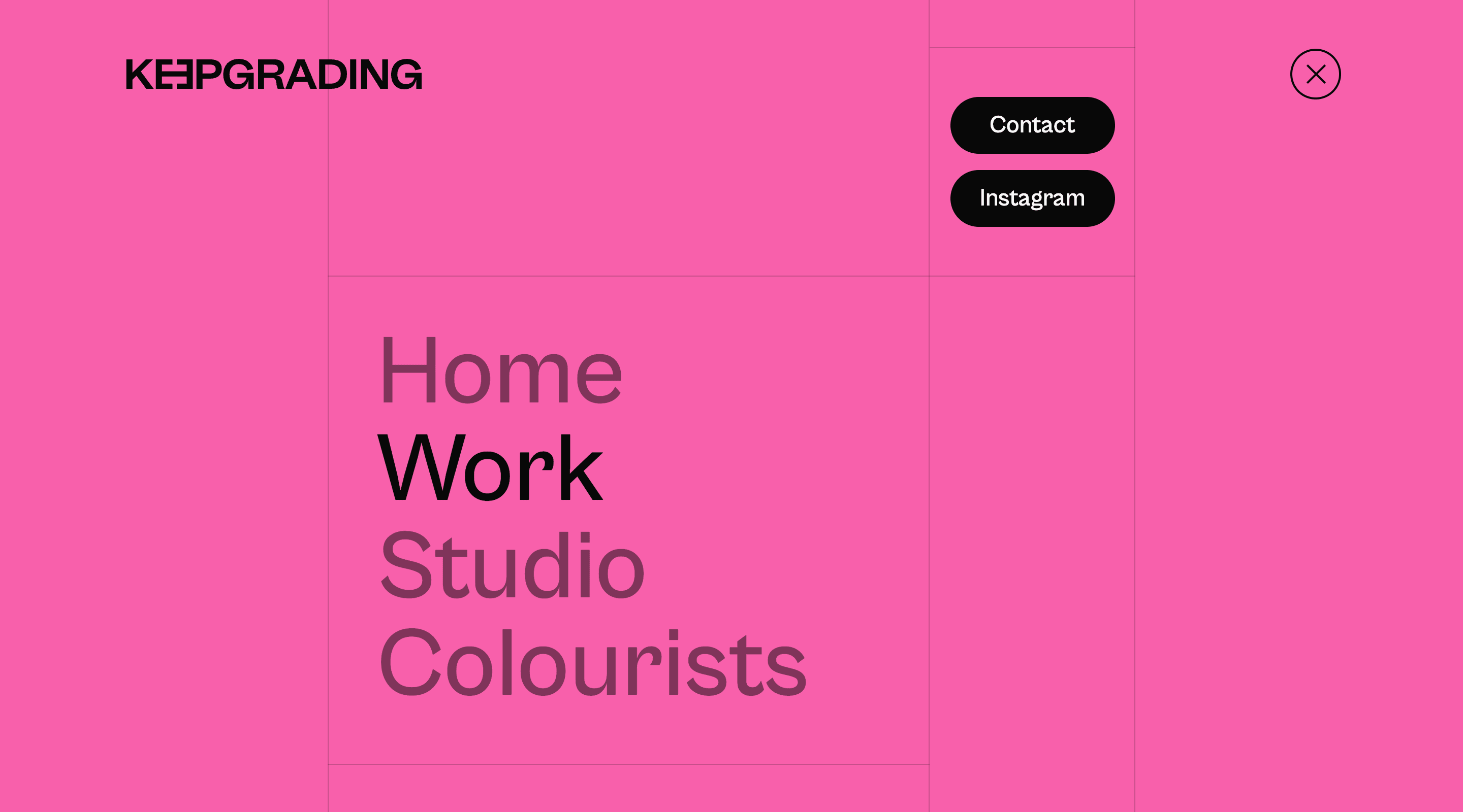 Screenshot of the KeepGrading website's main navigation. The header contains the KeepGrading logo and a close button. The pages are listed in large text in the center of the screen. Additional buttons labelled 'Contact' and 'Instagram' sit at the top of the screen.